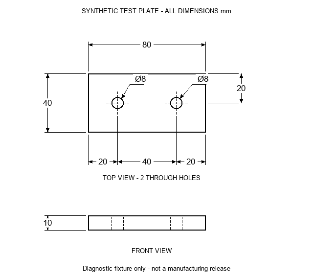 Synthetic dimensioned drawing of an 80 by 40 by 10 mm mounting plate with two 8 mm through-holes